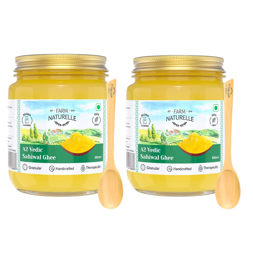 Farm Naturelle-A2 Desi Cow Ghee from Grass Fed Sahiwal Cows,Vedic Bilona method-Curd Churned-Golden, Grainy & Aromatic, Keto Friendly, NON-GMO, Lab tested, Glass Jar- (500ml+50ml Extra+Wooden Spoons.) x 2 Sets.