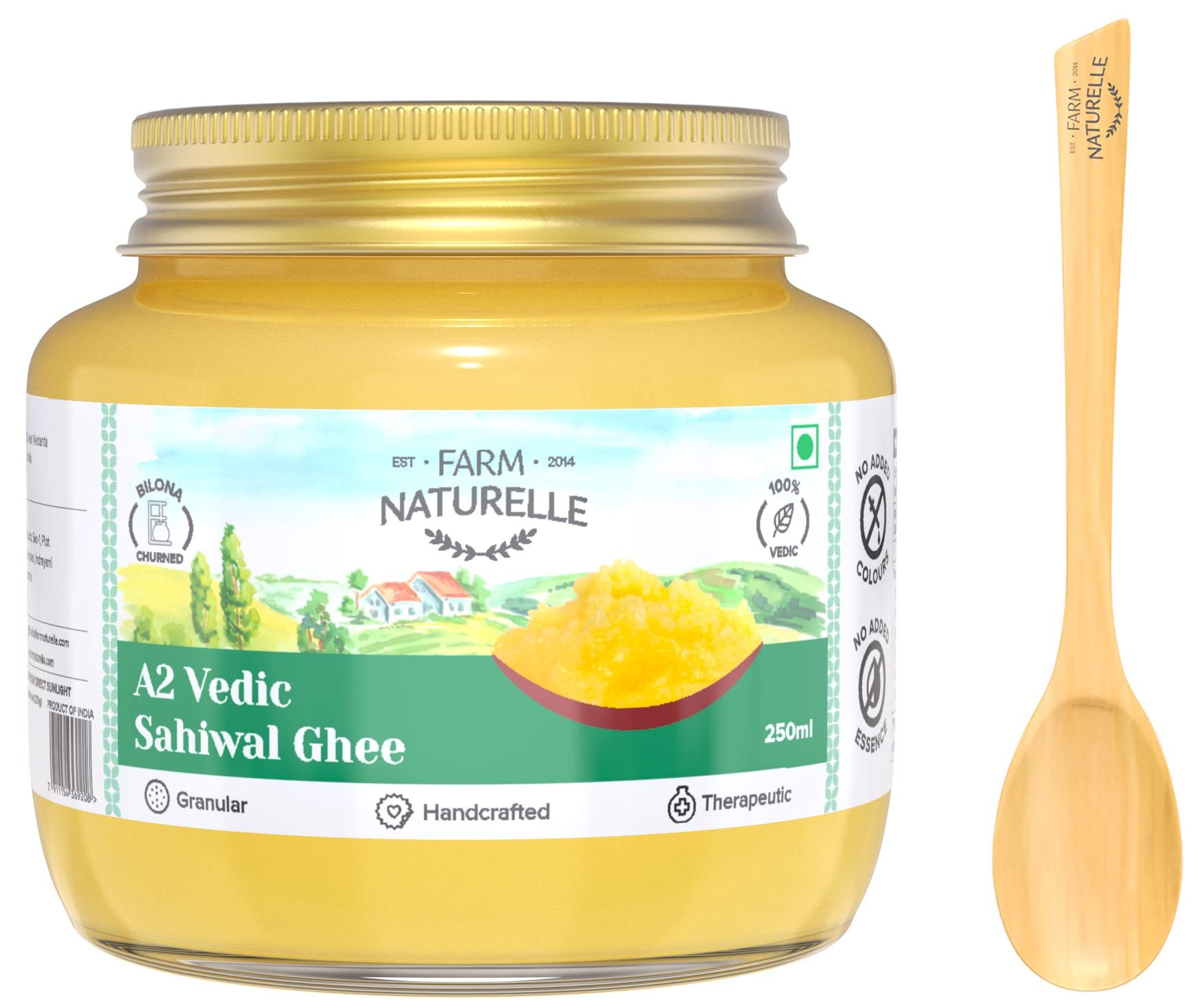 Farm Naturelle A2 Pure Ghee 200ml+50ml Extra In Glass Bottle | Extra Engraved Virgin Wooden Spoon | 100% Desi Sahiwal Cow Ghee | Vedic Bilona Method-Curd Churned-Golden | Lab Tested Grainy & Aromatic, Keto Friendly | Non-GMO Grassfed, Premium & Traditional Ghee | Immunity Booster