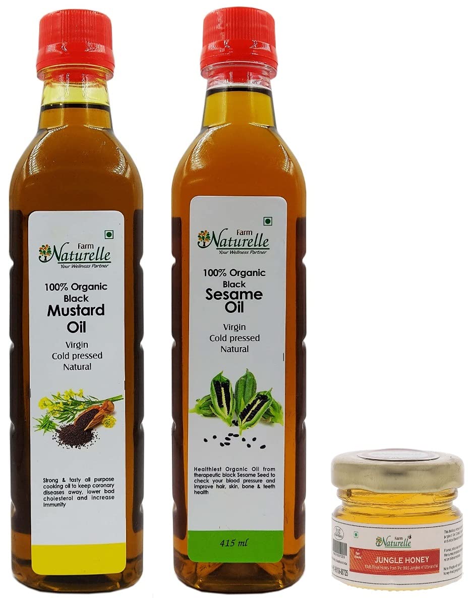 Farm Naturelle- 2 Oils Organic Cold Pressed Virgin (Kachi Ghani) Mustard Oil and Black Sesame Seed Oil (Gingelly/ Til Oil)(415ml x 2) with Free 55 GMS Raw Forest Honey