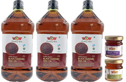 Wow Cooking - Organic Cold Pressed Black Mustard Cooking Oil 2 Ltr X 3 With 55 Gm Raw Honey| Mustard Oil for Cooking | Good for heart health | Pure Oil For Roasting, Frying, Baking All type of Cuisines