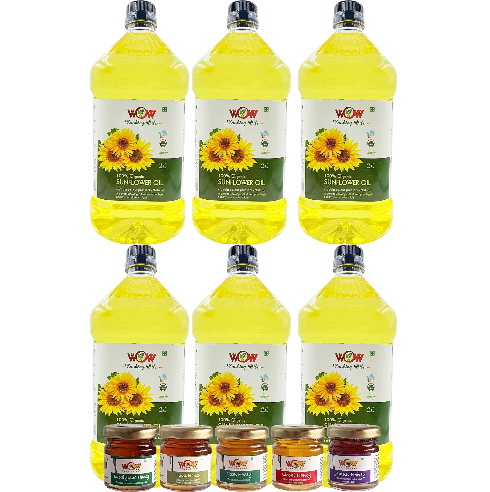 WOW Cooking Oils Certified Organic Virgin Cold Pressed Sunflower Cooking Oil (2 LTR X 6)+5 RAW Honey 55GM