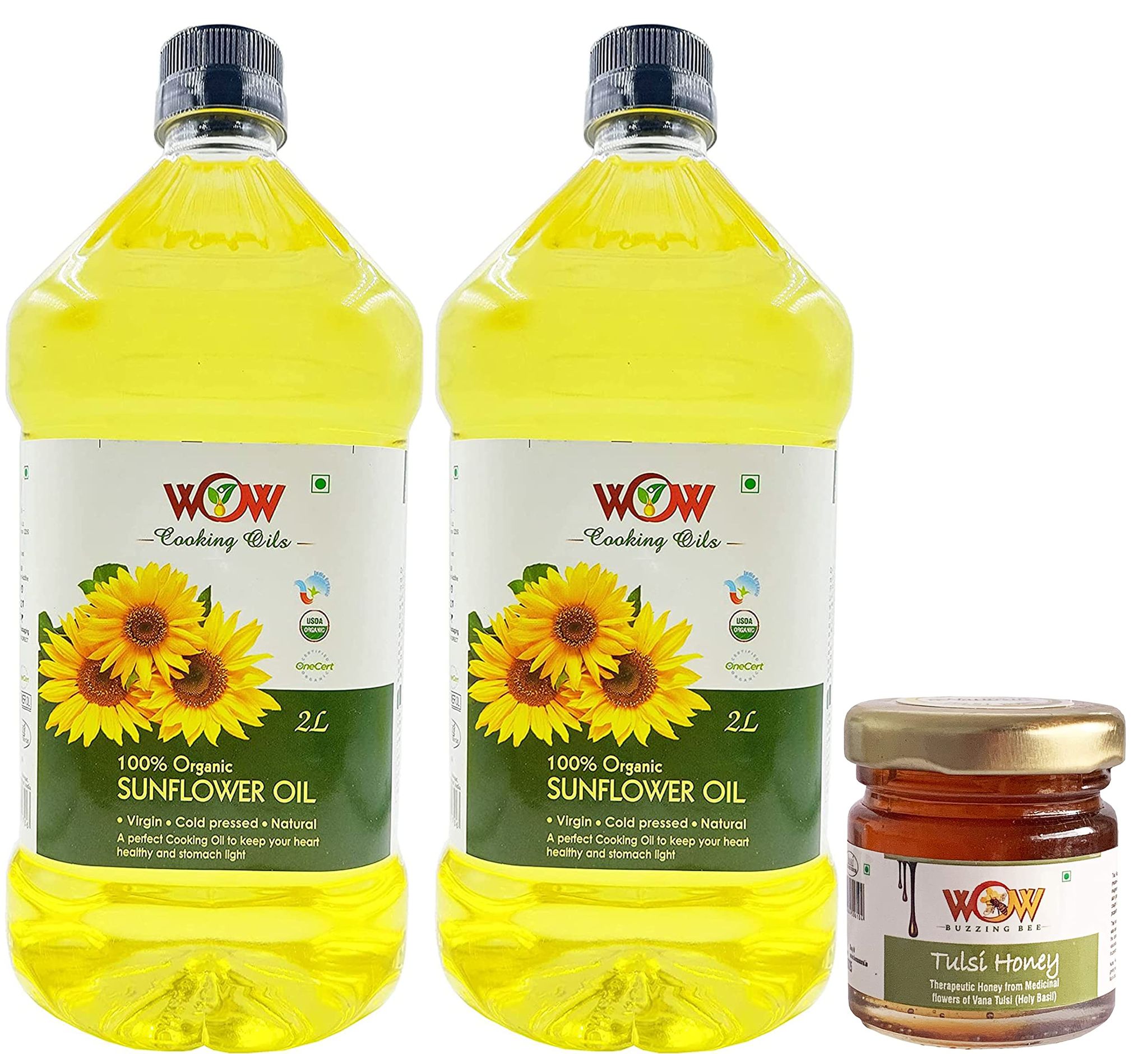 WOW Cooking Oils Certified Organic Virgin Cold Pressed Sunflower Cooking Oil (2 LTR X 2)+RAW Honey 55 GM