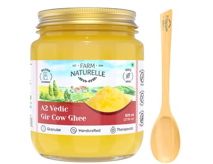 Farm Naturelle A2 Pure Gir Cow Ghee 750ml + 75ml Extra In Glass Bottle | Extra Engraved Virgin Wooden Spoon| 100% Desi Gir Cow Ghee | Vedic Bilona Method-Curd Churned-Golden | Lab Tested Grainy & Aromatic, Keto Friendly | Non-GMO Grassfed, Premium & Traditional Ghee | Immunity Booster