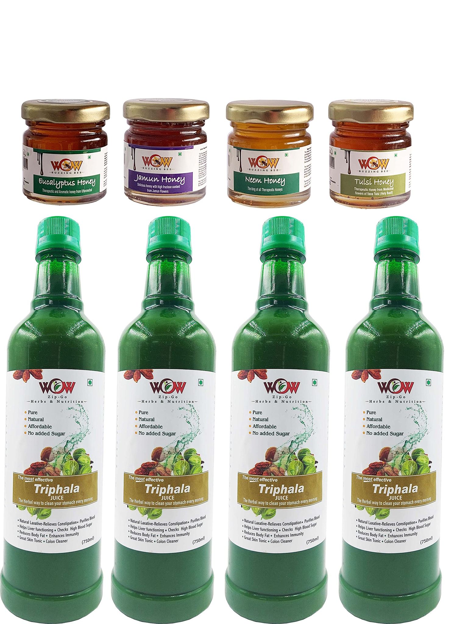 WOW ZIP - Go Herbs & Nutrition Triphala Juice | 100% Ayurvedic | Relieves Constipation & Improves Digestion | Helps Weight Control | And Honey 750Ml 2+2 Free (Pack Of 4) And Free Raw Honey 55g x4.