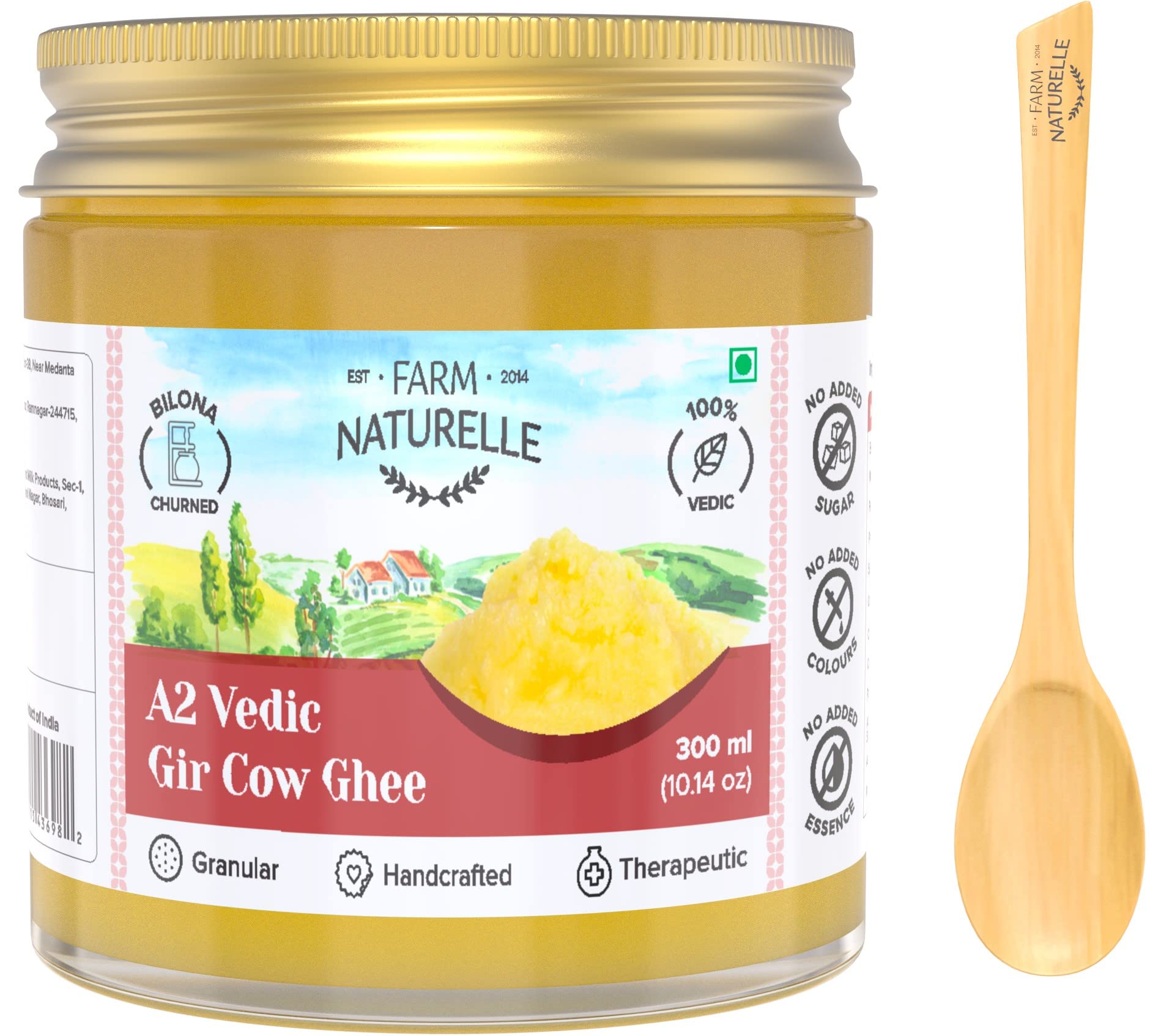 Farm Naturelle A2 Pure Gir Cow Ghee 300ml In Glass Bottle | Extra Engraved Virgin Wooden Spoon| 100% Desi Gir Cow Ghee | Vedic Bilona Method-Curd Churned-Golden | Lab Tested Grainy & Aromatic, Keto Friendly | Non-GMO Grassfed, Premium & Traditional Ghee | Immunity Booster