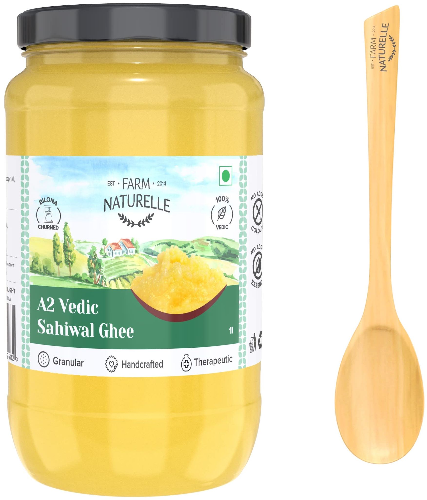 Farm Naturelle-A2 Desi Cow Ghee from Grass Fed Sahiwal Cows,Vedic Bilona Method-Curd Churned-Golden, Grainy & Aromatic, Keto Friendly, Non-GMO, Lab Tested, Glass Jar- 1000ml and a Wooden Spoon.