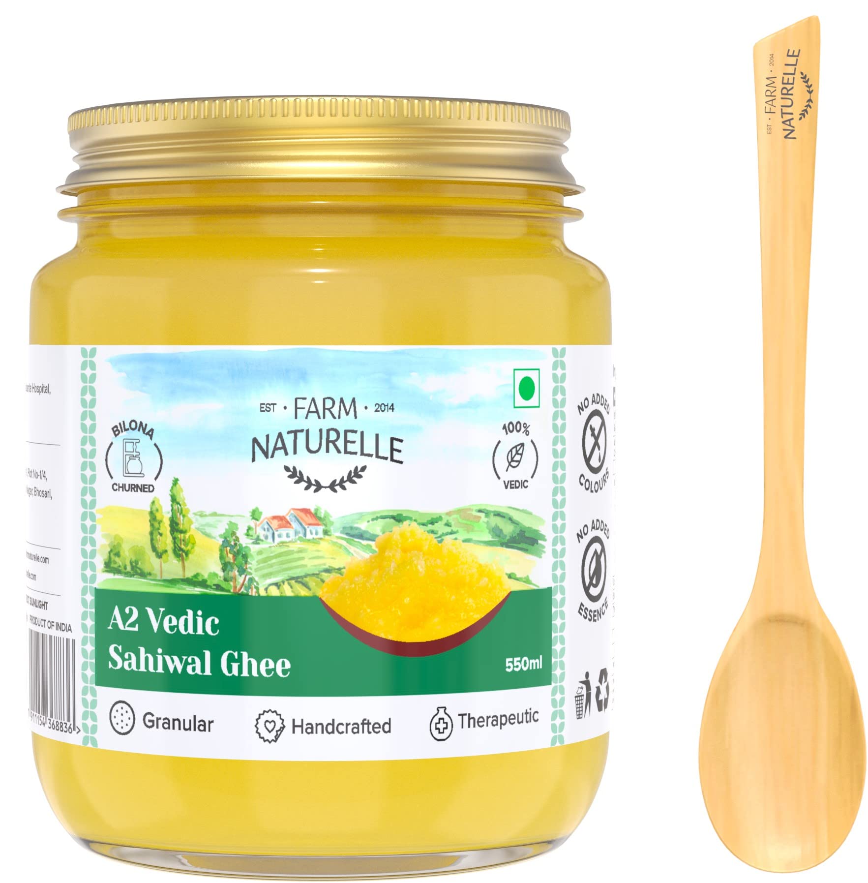 Farm Naturelle-A2 Desi Cow Ghee from Grass Fed Sahiwal Cows,Vedic Bilona method-Curd Churned-Golden, Grainy & Aromatic, Keto Friendly, NON-GMO, Lab tested, Glass Jar- (500ml+50ml Extra And a Wooden Spoons.)