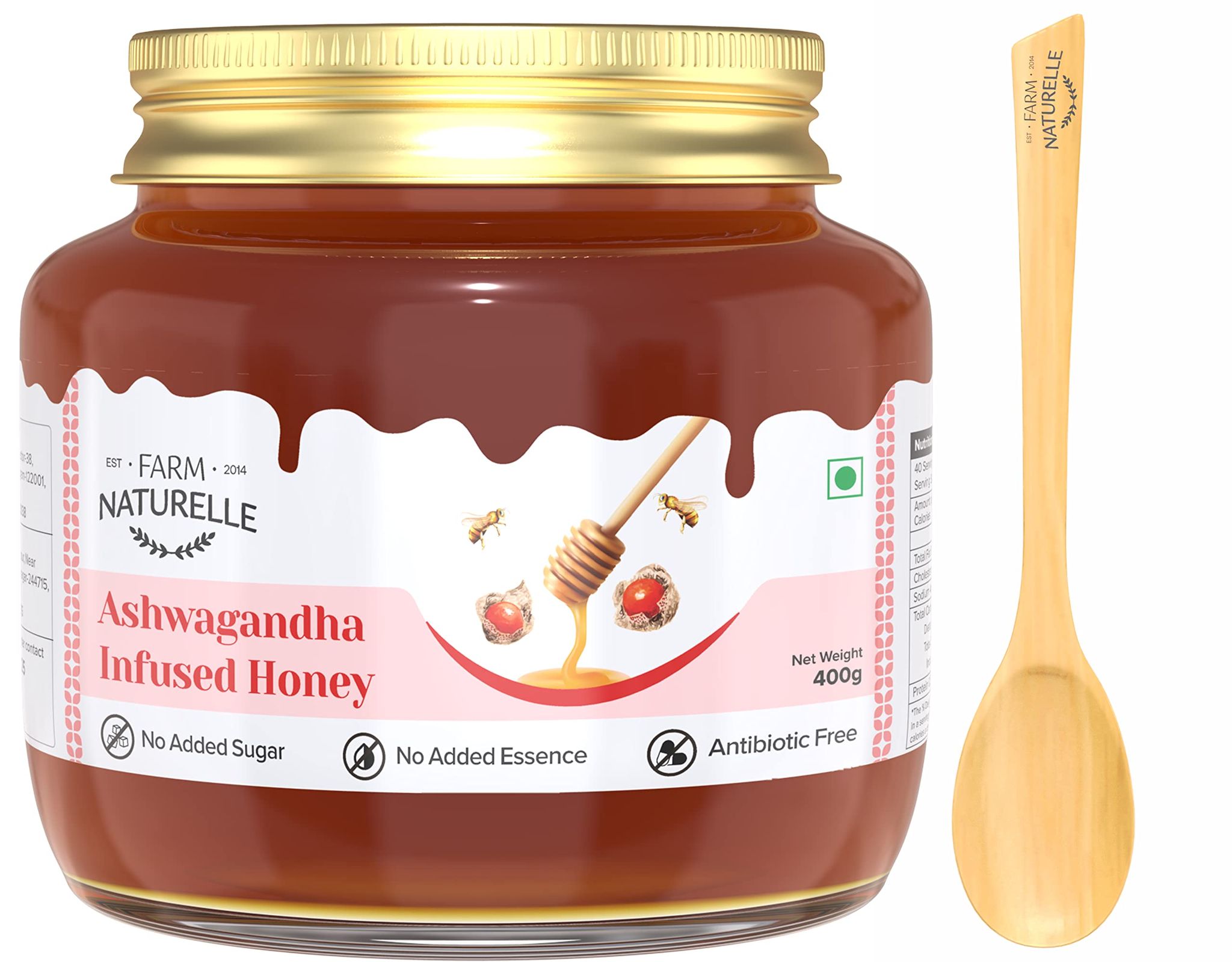 Farm Naturelle-Ashwagandha Infused Forest Honey|400g and a Wooden Spoon| 100 % Pure Raw Natural Unprocessed|Lab Tested Honey| Ashwagandha Honey|Immense Medicinal Value.