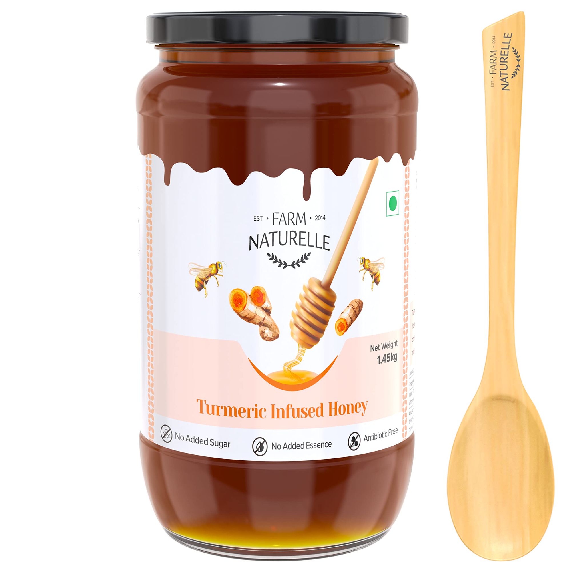 Farm Naturelle - Pure Turmeric Infused in Forest Honey |1.45kg and a Wooden Spoon | Raw Unprocessed Delicious and Ant-oxidant Honey | 100% Pure & Natural Ingredients Honey.