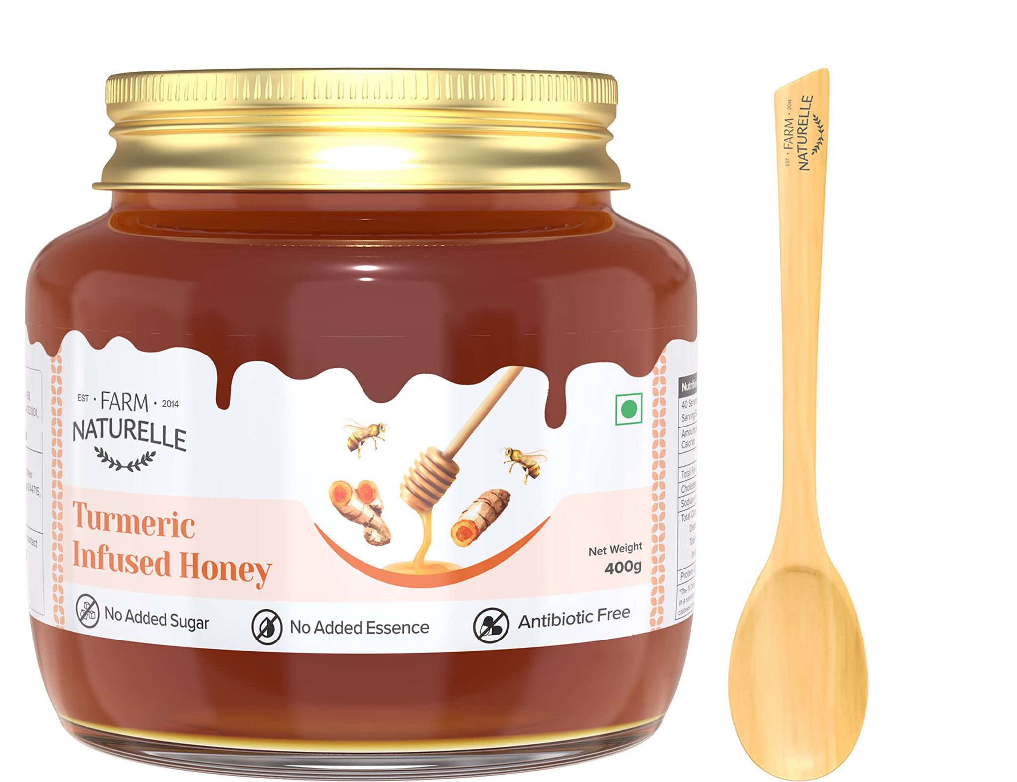 Farm Naturelle - Pure Turmeric Infused in Forest Honey | 400gm and a Wooden Spoon |Raw Unprocessed Delicious and Ant-oxidant Honey