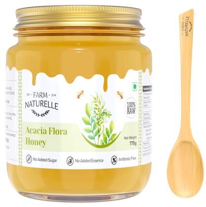 Farm Naturelle-Acacia Flower Wild Forest Honey|700gm+ 75gm Extra and a Wooden Spoon|100% Pure Honey, Raw Natural Un-Processed - Un-Heated Honey | Lab Tested in Glass Bottle.