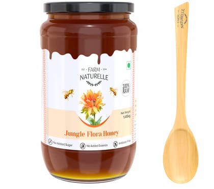 Farm Naturelle-Jungle Flower Wild Forest Honey | 100% Pure Honey | 1450 gm and a Wooden Spoon | Raw Natural Un-Processed Honey - Un-Heated Honey | Organic Honey with Lab Tested.