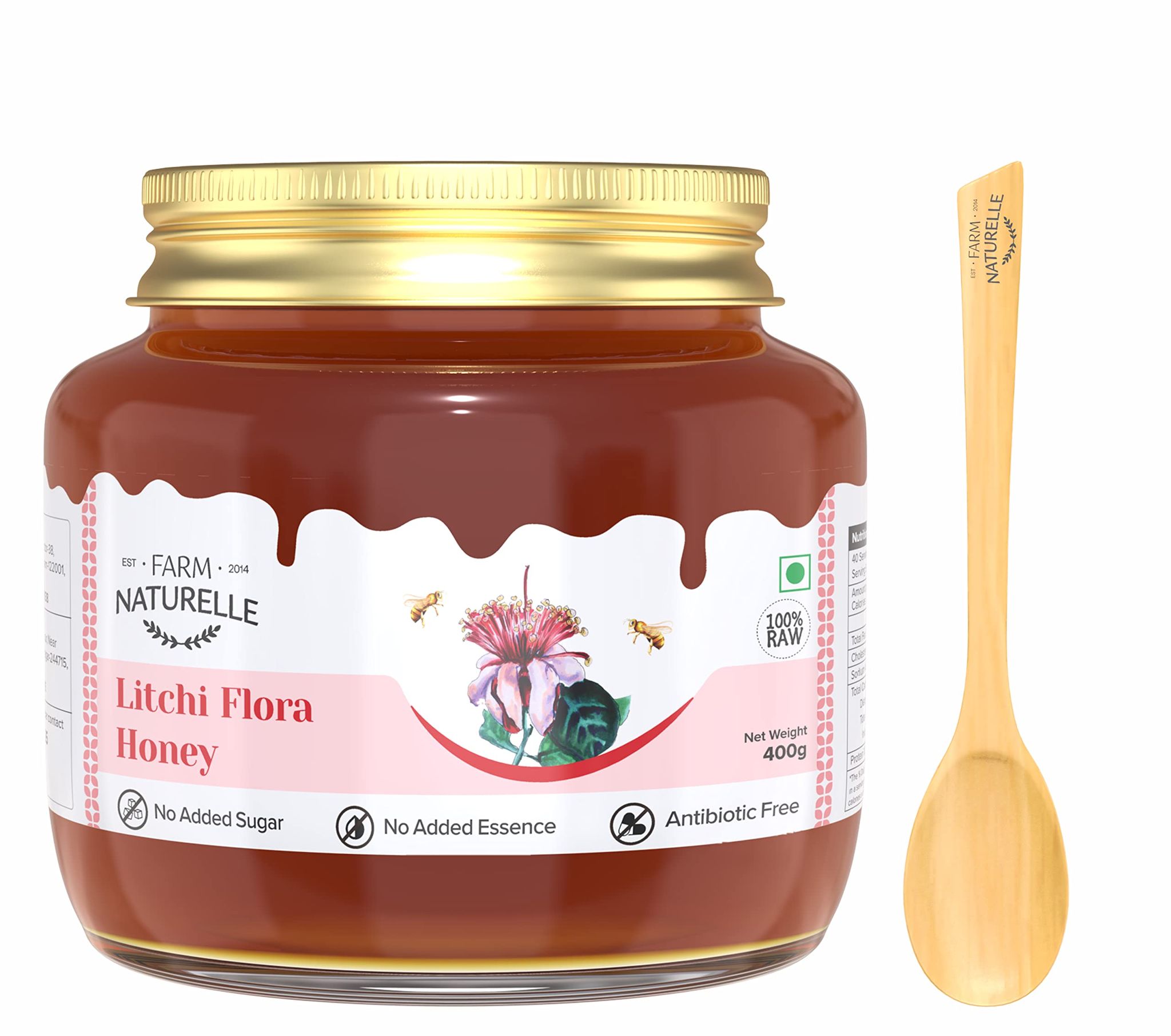 Farm Naturelle - Litchi Flower Forest Honey | (Litchi Honey, 400GM) And a Wooden Spoon| 100% Pure Natural Immunity Booster, Multi-Flora with antioxidants | Lab Tested Honey In Glass Bottle.