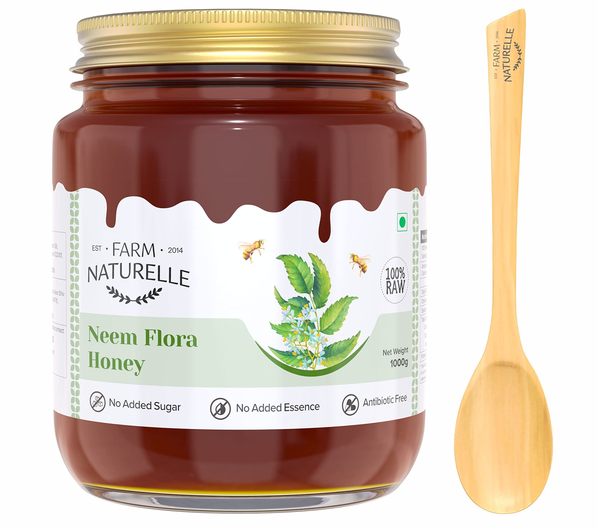 Farm Naturelle - Neem Forest Flower Honey| 850gm+150gm Extra and a Wooden Spoon 100% Pure Honey, Raw Natural Unprocessed Honey | Glass Bottle-Neem Honey.