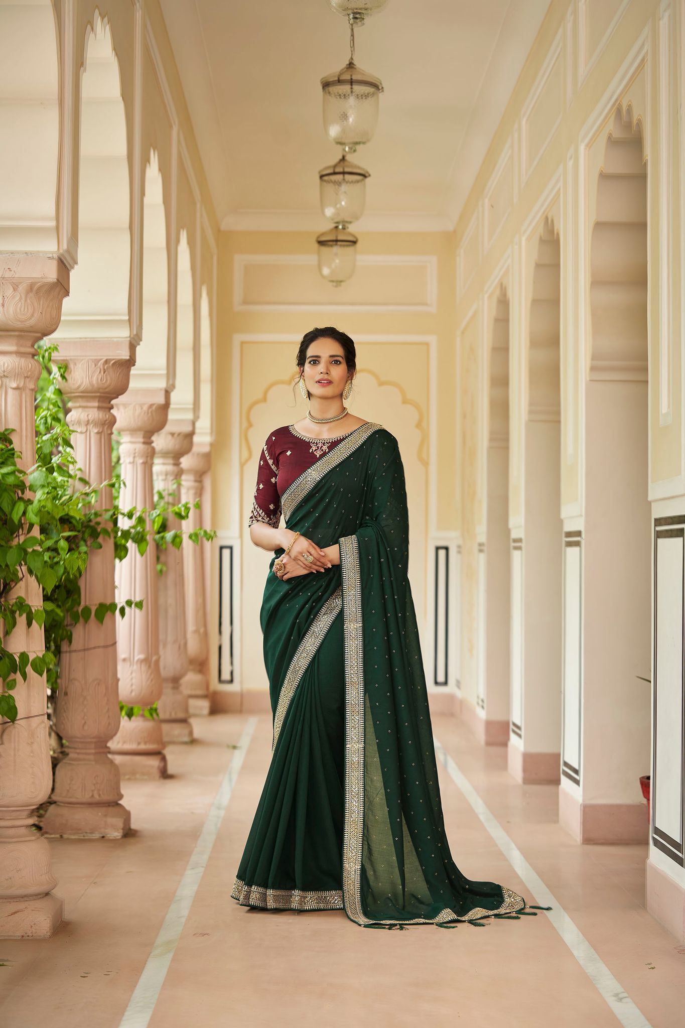 Dark Green Color Sequined Swarovski Saree