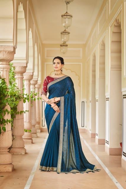 Teal Blue Banarasi SIlk Saree With Antique Zari Work