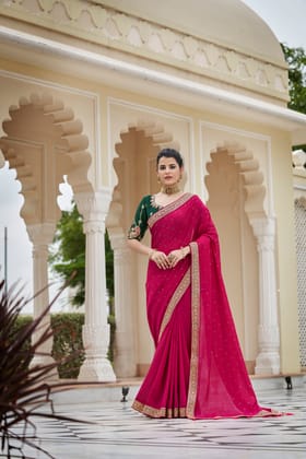 Dark Pink Color Sequined Swarovski Saree