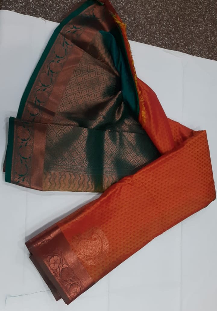 Women Semi Pattu Saree Silk Blend Saree Orange color saree with parrot green color Pallu and blouse