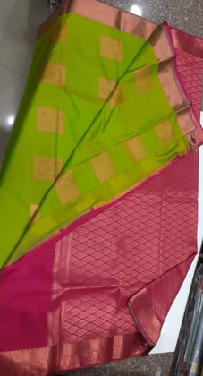 Woven, Solid/Plain Pure Silk Saree parrot green color saree with perfect pink color and blouse