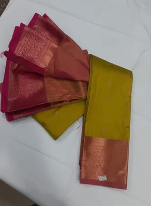 Women Semi Pattu Saree Silk Blend Saree Apple green color saree with baby pink color pallu and blouse