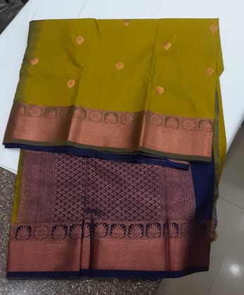 Women Semi Pattu Saree Silk Blend Saree Apple green color saree with Navy blue color and blouse