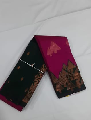 Women Semi Pattu Saree Silk Blend Saree (Pink) temple border and all over butta , Rani pink color saree with bottle green color pallu and blouse