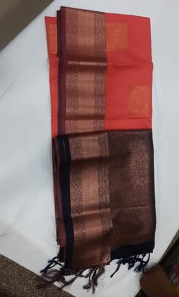 Women Semi Pattu Saree Silk Blend Saree  orange color saree with navy blue color pallu and blouse