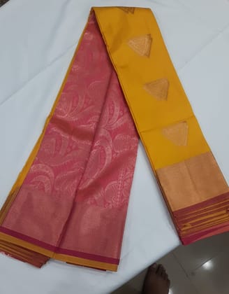 Women Semi Pattu Saree Silk Blend Saree deep yellow color saree with pink color pallu and blouse