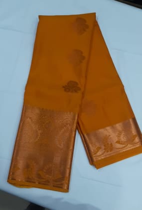 Women Semi Pattu Saree Silk Blend Saree gold color saree with self pallu and blouse