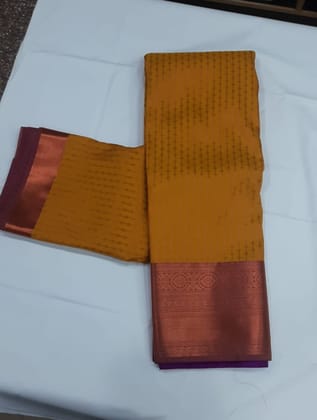 Women Semi Pattu Saree Silk Blend Saree gold color saree with purple color pallu and blouse