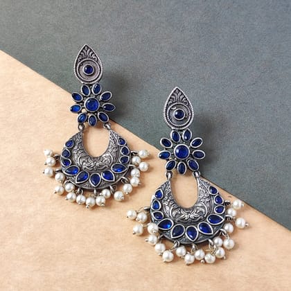 Silver Look Alike Oxidized Lond Chandbali Earring For Women And Girls