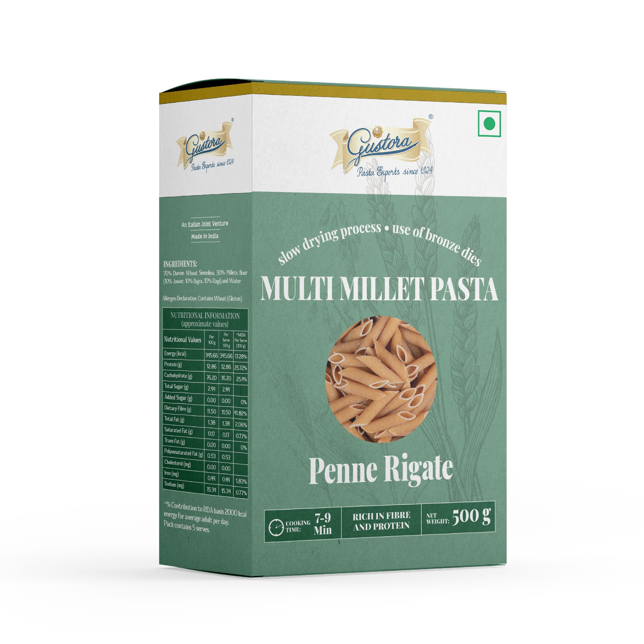 Gustora Penne Rigate Durum Wheat Semolina Multi Millet Pasta I Vegetarian Pasta I Rich in Fibre & Protein - 500G, Pack of 1