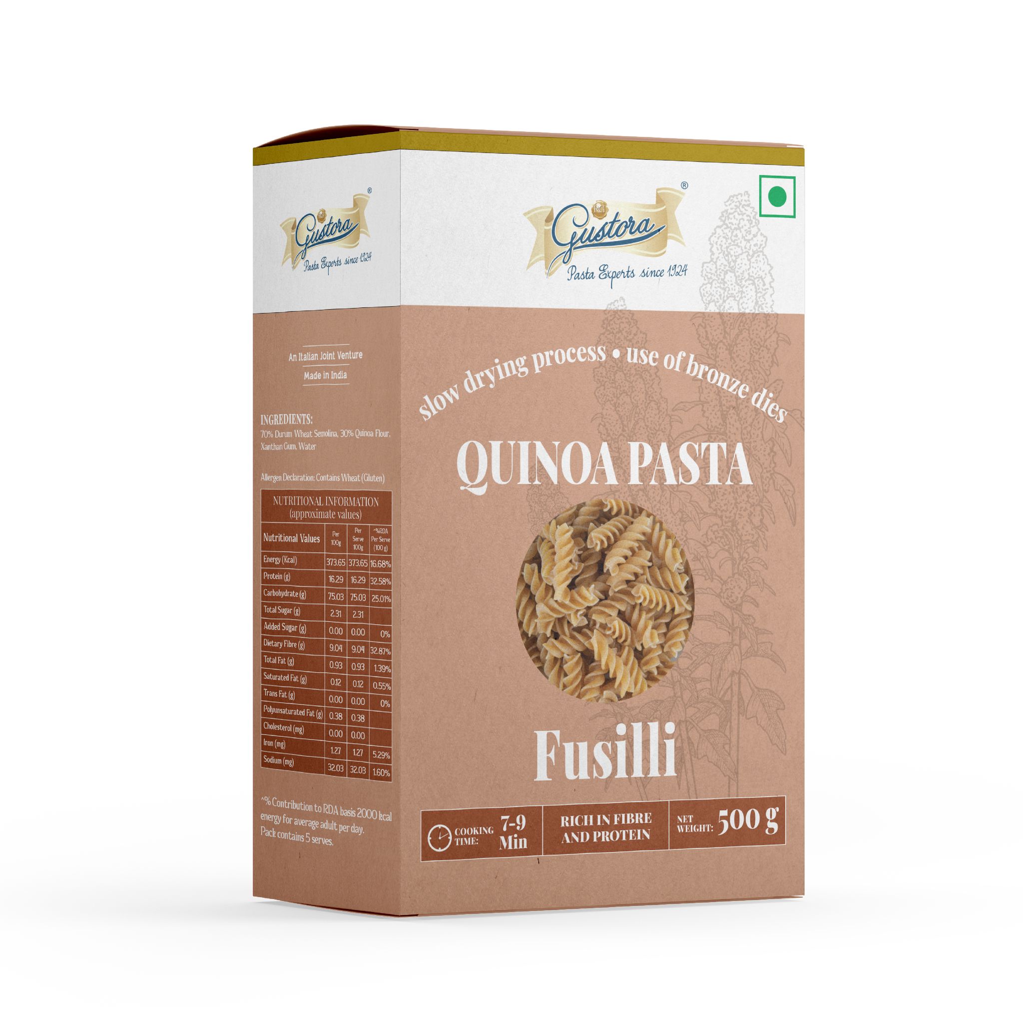 Gustora Vegetarian Durum Wheat Semolina & Quinoa Fusilli Pasta I Rich in Fibre & Protein (500 g)