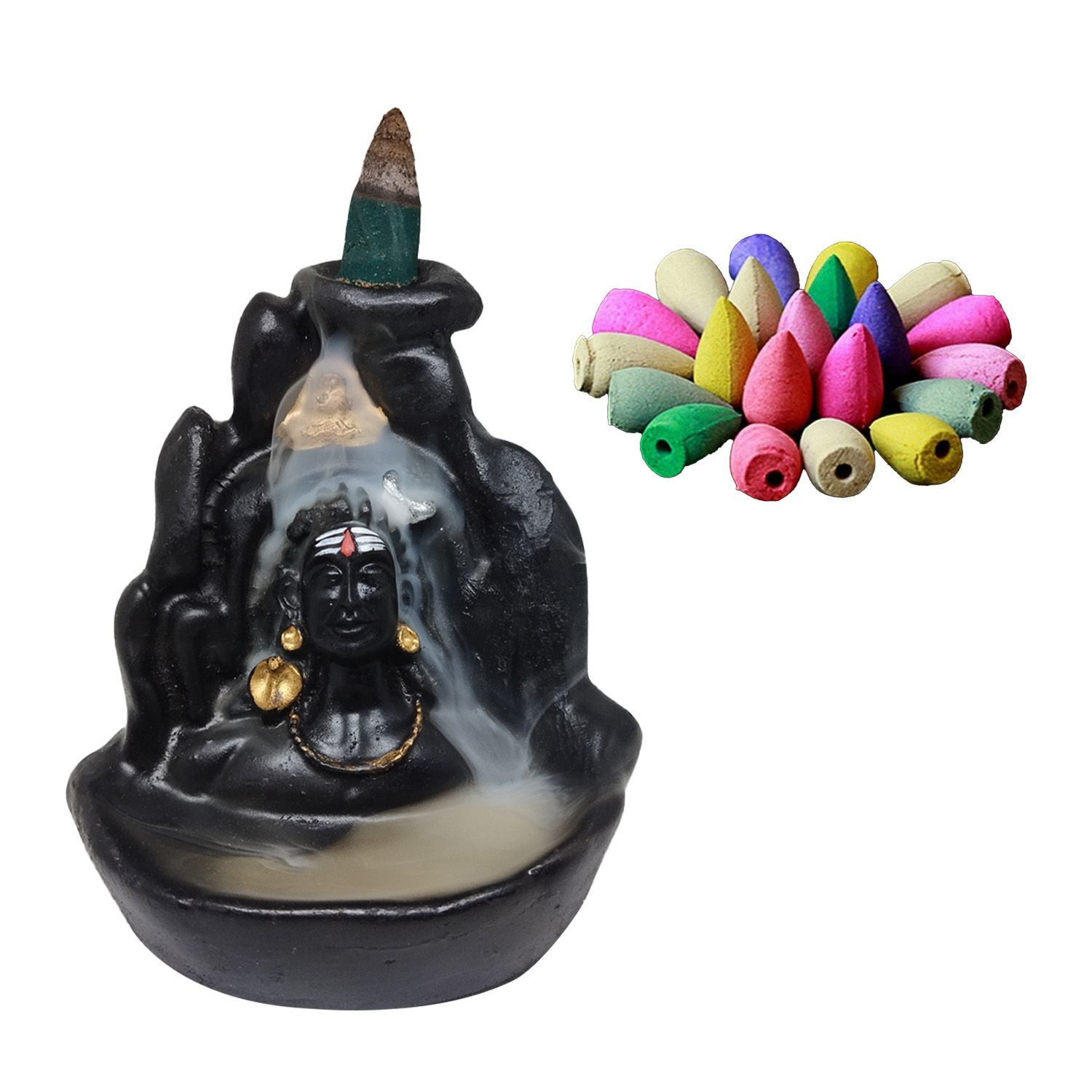 ZURU BUNCH Handcrafted Pure Ceramic Lord Adiyogi Shiv Smoke Waterfall Cone Incense Holder, Lord Adiyogi Smoke Waterfall Incense Holder with 10 Pieces backflow incense cones