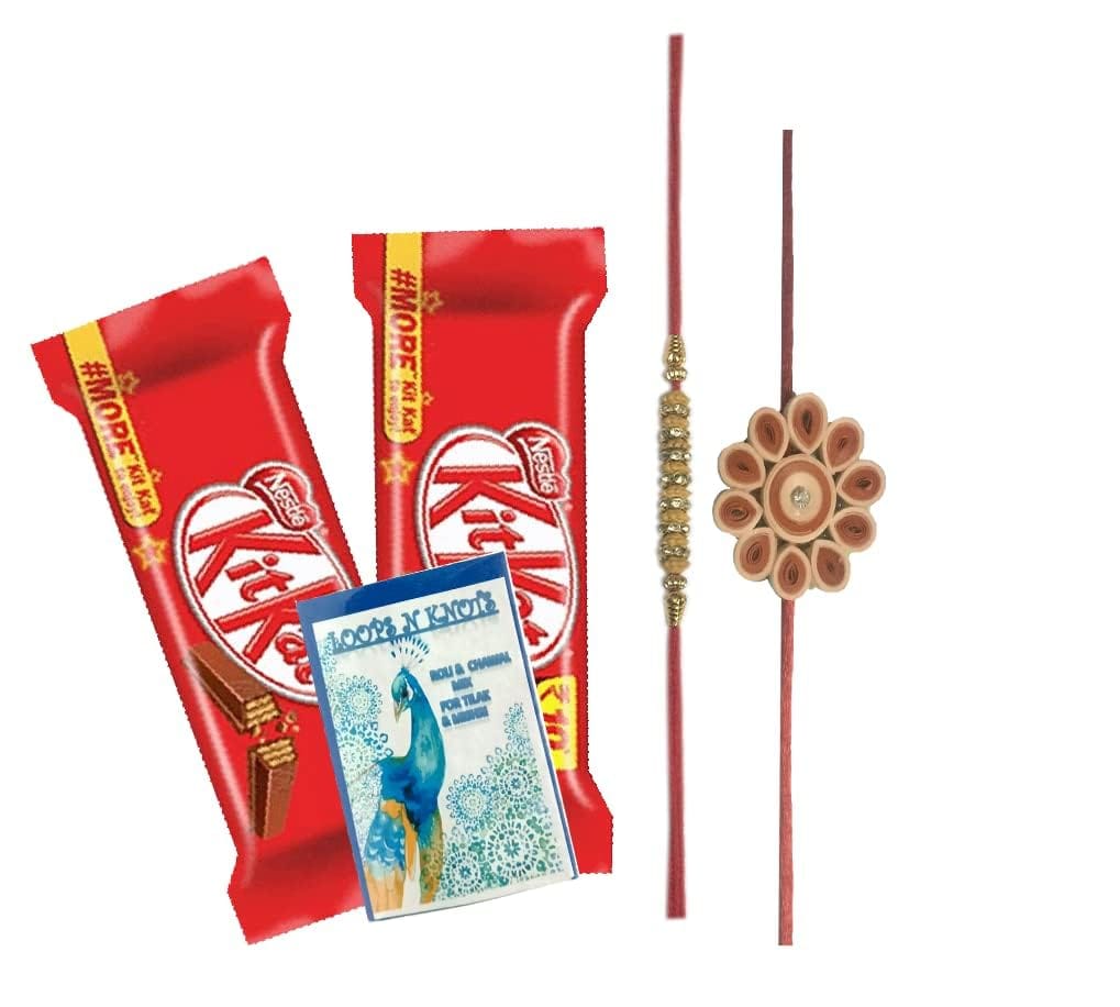 Loops n Knots' Rakhi Combo: 2 Chocolates, 1 Thread Rakhi, 1 Paper Flower Rakhi