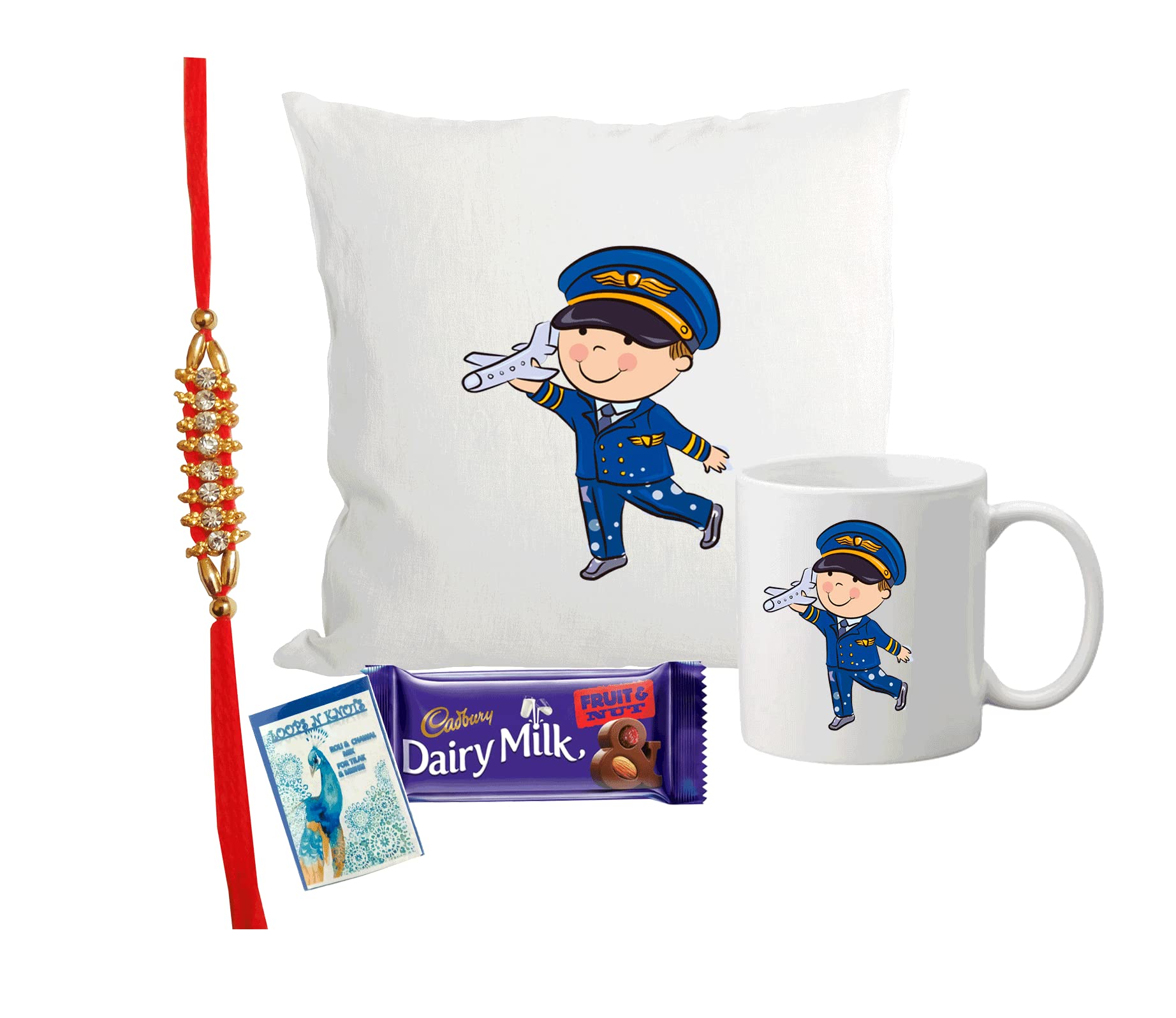 LOOPS N KNOTS Chocolate, Rakhi for Dream Pilot with Printed 'Future Aviator' Cushion, Ceramic Mug, and Rakhi Combo