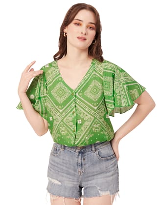 Moomaya Women's Printed Butterfly Sleeve Top, Button Down Summer Casual Top