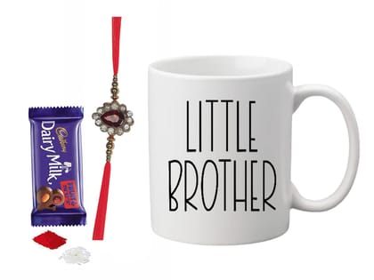 Loops n Knots Little Brother Special Combo: 1 Printed Mug, 1 Chocolate, 1 Rakhi with Roli and Chawal