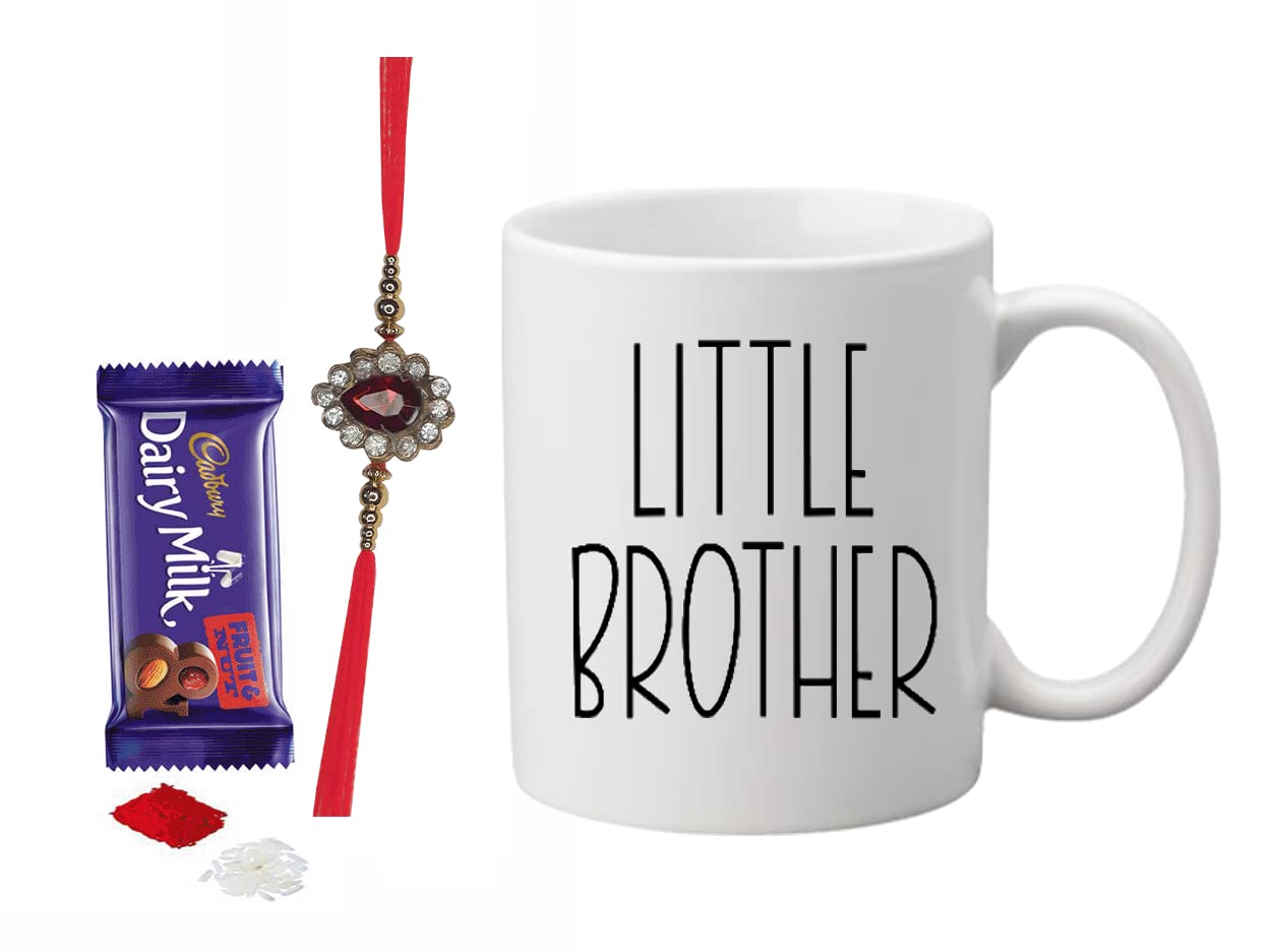 Loops n Knots Little Brother Special Combo: 1 Printed Mug, 1 Chocolate, 1 Rakhi with Roli and Chawal