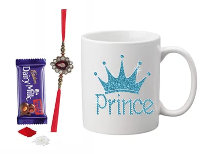 Loops n Knots Prince Gift Hamper: Chocolate with Happy Raksha Bandhan Printed Mug, Rakhi, and Roli Chawal for Tilak