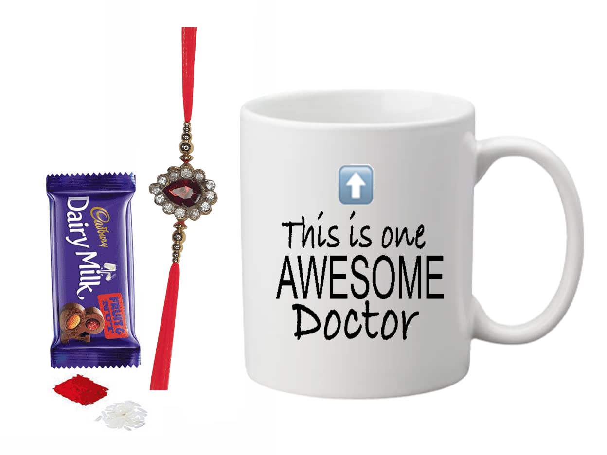 Loops n Knots Gift Hamper: Chocolate with 'This One is One Awesome Doctor' Printed Mug, Rakhi, and Roli Chawal for Tilak