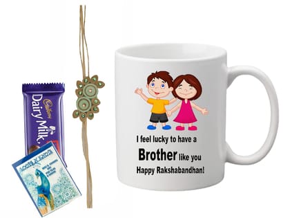 Loops n Knots Gift Hamper: Chocolate with 'I Feel Lucky to Have a Brother Like You' Printed Mug, Rakhi, and Roli Chawal for Tilak"