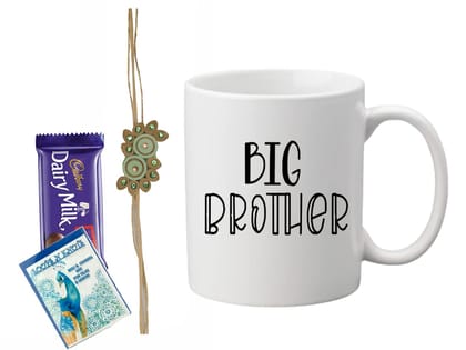 Loops n Knots Big Brother Gift Hamper: Printed Mug, Chocolate, and Rakhi with Roli Chawal