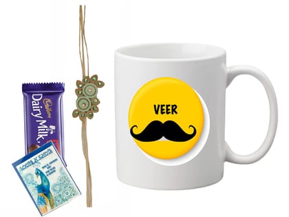 Loops n Knots Veer Gift Hamper: Printed Mug, Chocolate, and Rakhi with Roli Chawal