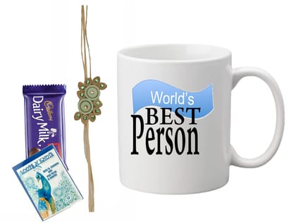 Loops n Knots Gift Hamper: World's Best Person Rakhi with Chocolate and Roli Chawal for Tilak