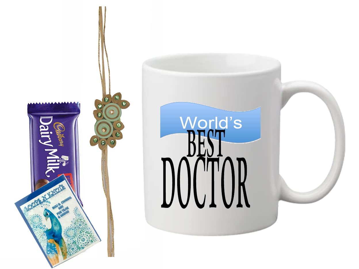 Loops n Knots World's Best Doctor Gift Hamper: Printed Mug, Chocolate, and Rakhi with Roli Chawal