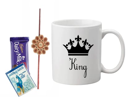 Loops n Knots King Gift Hamper: Printed Mug, Chocolate, and Rakhi with Roli Chawal