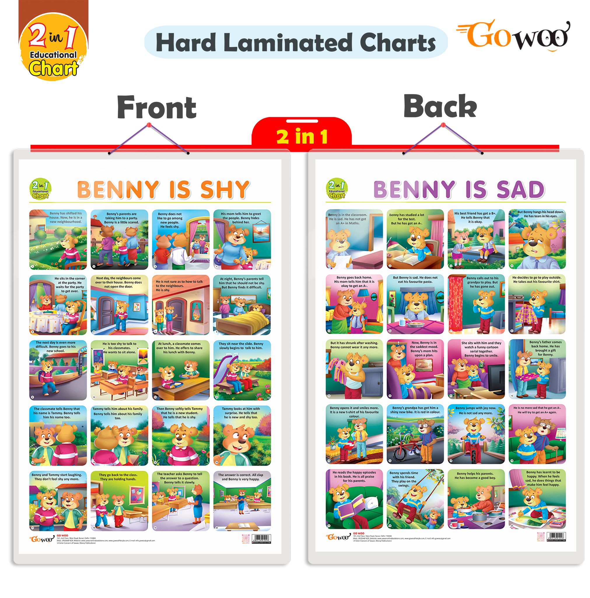 2 IN 1 BENNY IS SAD AND BENNY IS SHY Early Learning Educational Chart for Kids | 20"X30" inch |Non-Tearable and Waterproof | Double Sided Laminated | Perfect for Homeschooling, Kindergarten and Nursery Students