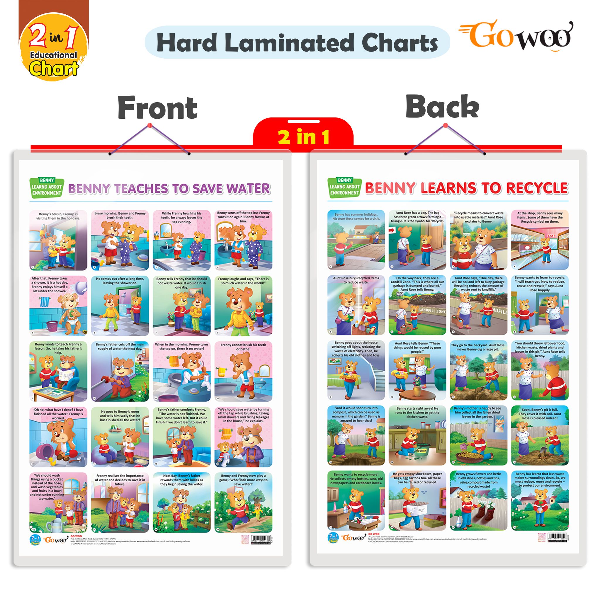 2 IN 1 BENNY LEARNS TO RECYCLE AND BENNY TEACHES TO SAVE WATER Early Learning Educational Chart for Kids | 20"X30" inch |Non-Tearable and Waterproof | Double Sided Laminated | Perfect for Homeschooling, Kindergarten and Nursery Students