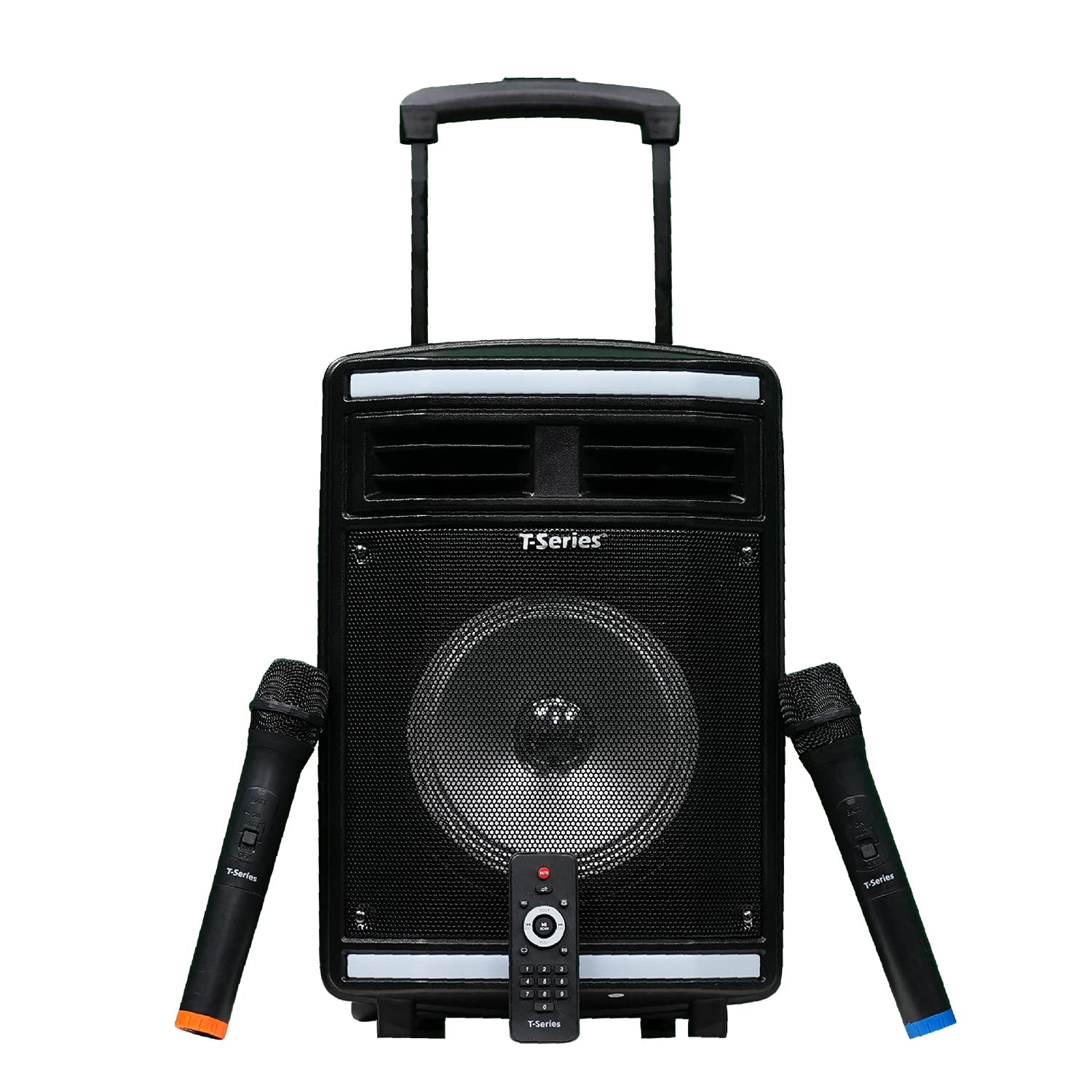 T-Series TR-S8B 20W Professional Audio Mobile Amplifier & Portable Trolley Wireless Bluetooth Speaker with inbuilt rechargeable battery Double Cord Less Mic , Aux ,SD Card ,USB Supported ,Disco light Karaoke with multi functional Remote ,External Audio Drive ,FM ,Recording on Usb.